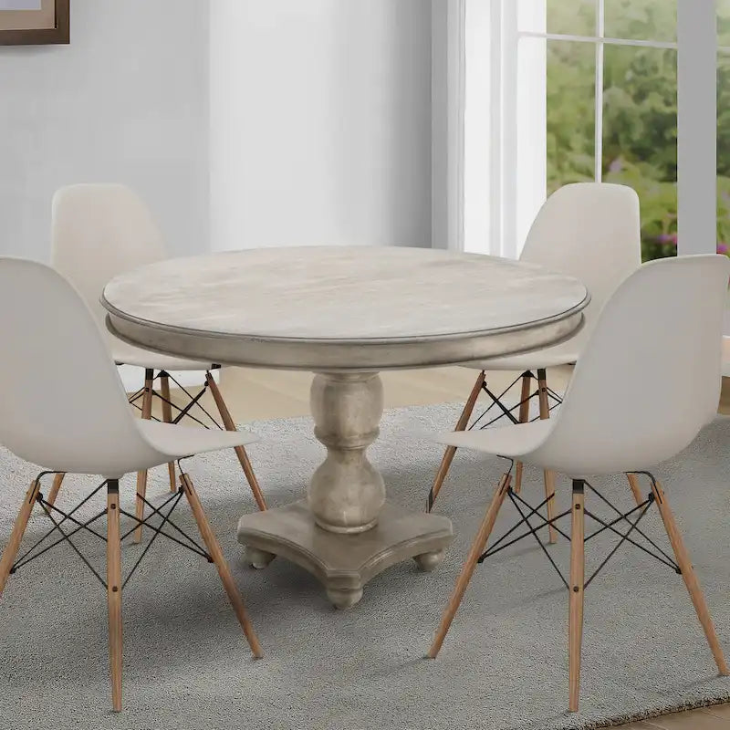 Table de salle à manger artisanale en bois de manguier de 107 cm (42 pouces), piètement central, plateau rond moulé, blanc délavé et gris.