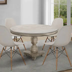 Table de salle à manger artisanale en bois de manguier de 107 cm (42 pouces), piètement central, plateau rond moulé, blanc délavé et gris.