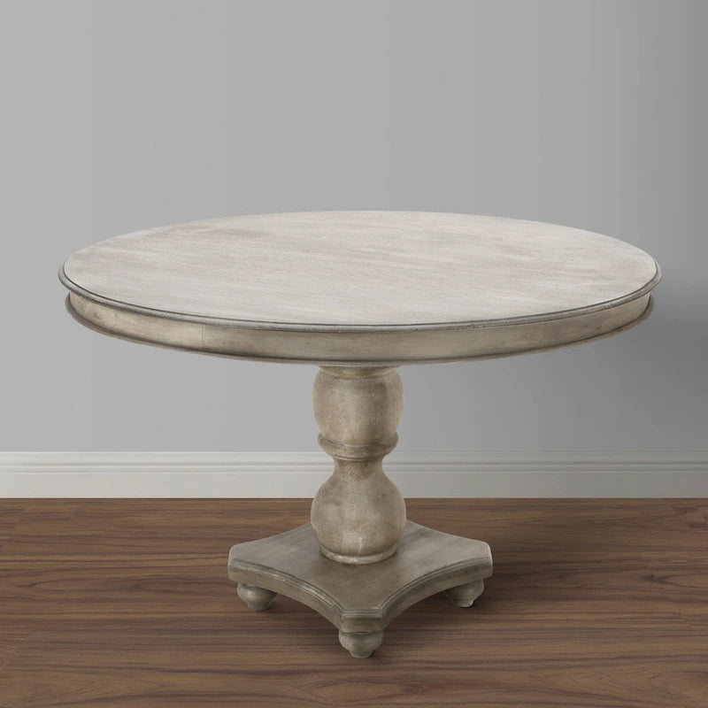 Table de salle à manger artisanale en bois de manguier de 107 cm (42 pouces), piètement central, plateau rond moulé, blanc délavé et gris.