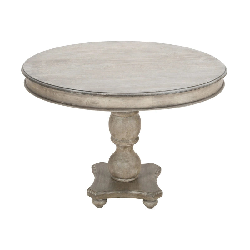 Table de salle à manger artisanale en bois de manguier de 107 cm (42 pouces), piètement central, plateau rond moulé, blanc délavé et gris.