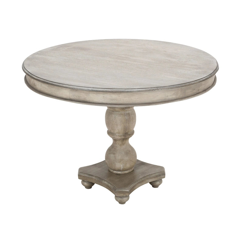 Table de salle à manger artisanale en bois de manguier de 107 cm (42 pouces), piètement central, plateau rond moulé, blanc délavé et gris.