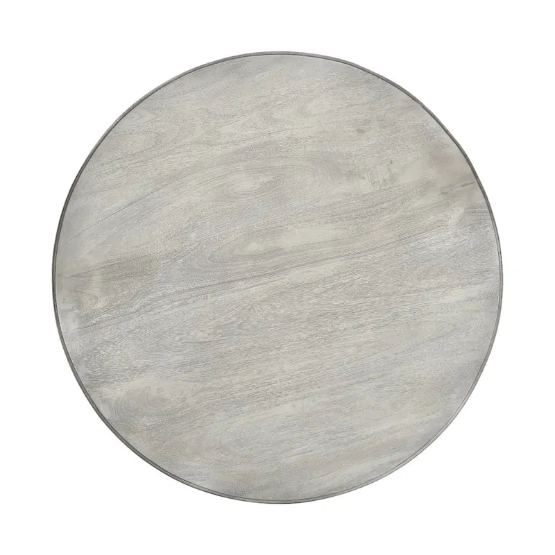 Table de salle à manger artisanale en bois de manguier de 107 cm (42 pouces), piètement central, plateau rond moulé, blanc délavé et gris.
