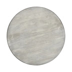 Table de salle à manger artisanale en bois de manguier de 107 cm (42 pouces), piètement central, plateau rond moulé, blanc délavé et gris.