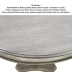 Table de salle à manger artisanale en bois de manguier de 107 cm (42 pouces), piètement central, plateau rond moulé, blanc délavé et gris.