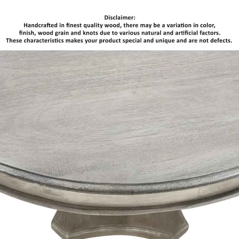 Table de salle à manger artisanale en bois de manguier de 107 cm (42 pouces), piètement central, plateau rond moulé, blanc délavé et gris.
