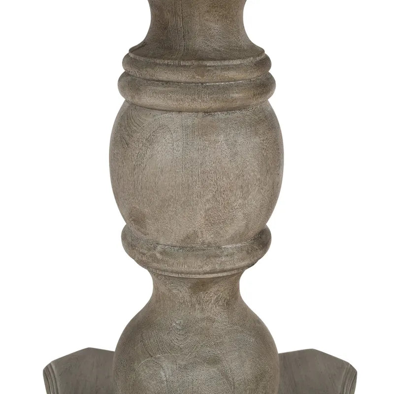 Table de salle à manger artisanale en bois de manguier de 107 cm (42 pouces), piètement central, plateau rond moulé, blanc délavé et gris.