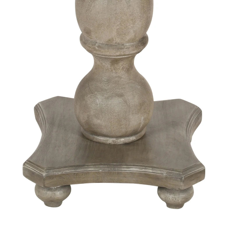 Table de salle à manger artisanale en bois de manguier de 107 cm (42 pouces), piètement central, plateau rond moulé, blanc délavé et gris.