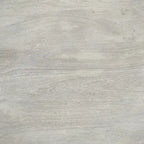 Table de salle à manger artisanale en bois de manguier de 107 cm (42 pouces), piètement central, plateau rond moulé, blanc délavé et gris.