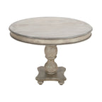 Table de salle à manger artisanale en bois de manguier de 107 cm (42 pouces), piètement central, plateau rond moulé, blanc délavé et gris.