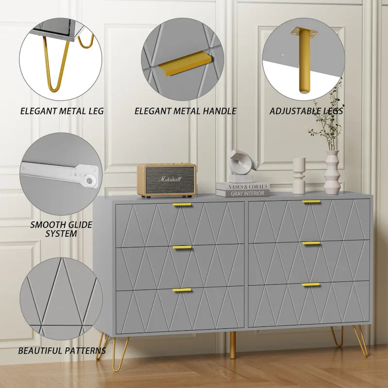 Commode à 6 tiroirs, meuble de rangement haut, unité de rangement pour chambre ou salon