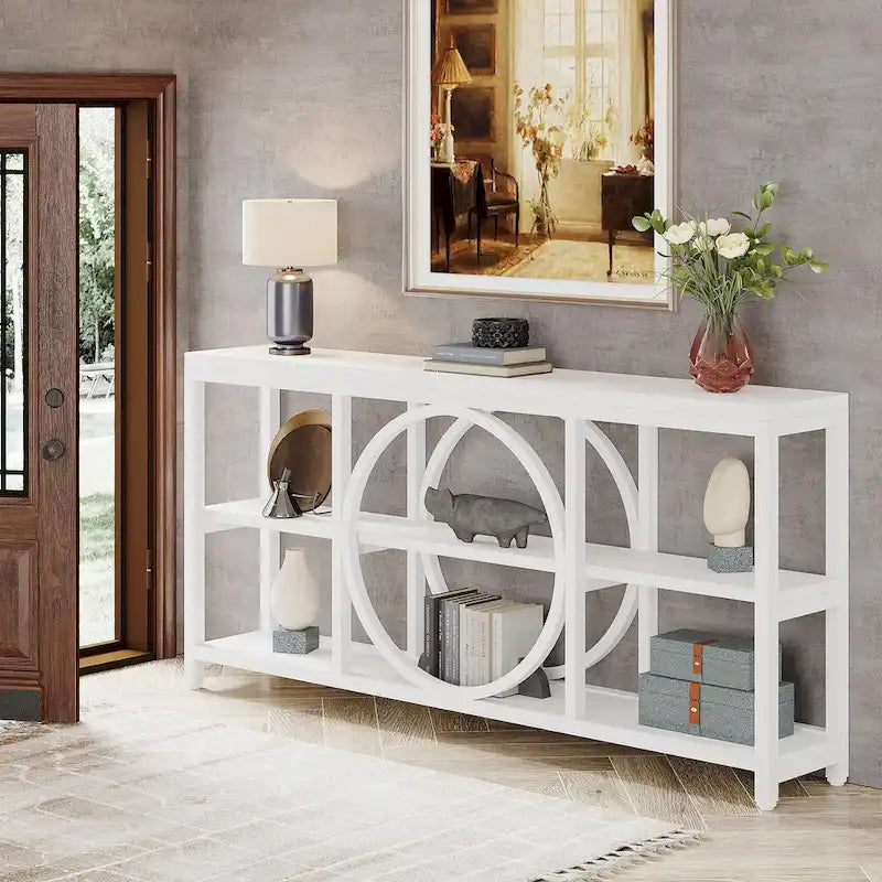 Console de canapé de 180 cm (70,9 pouces) avec pieds en métal au design créatif, table d'appoint étroite et longue à 3 niveaux pour entrée