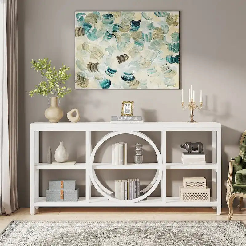 Console de canapé de 180 cm (70,9 pouces) avec pieds en métal au design créatif, table d'appoint étroite et longue à 3 niveaux pour entrée