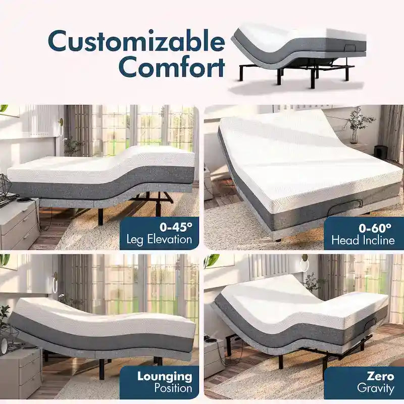 Cadre de lit ajustable Renanim Zero Gravity avec matelas en mousse à mémoire de forme de 30 cm, double massage, port USB, éclairage sous le lit, télécommande et application de contrôle