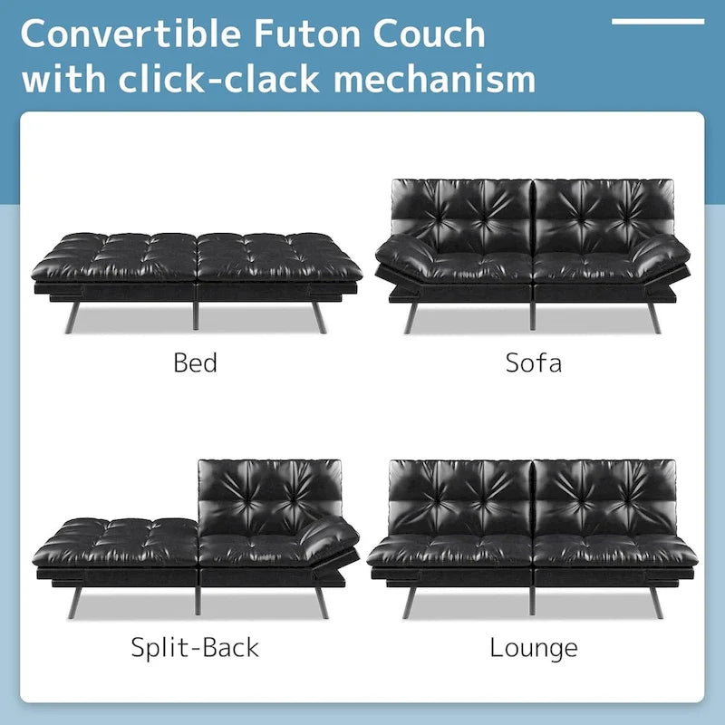 Canapé-lit futon, canapé pliable en mousse à mémoire de forme, convertible en lit de jour avec accoudoirs réglables pour petits espaces