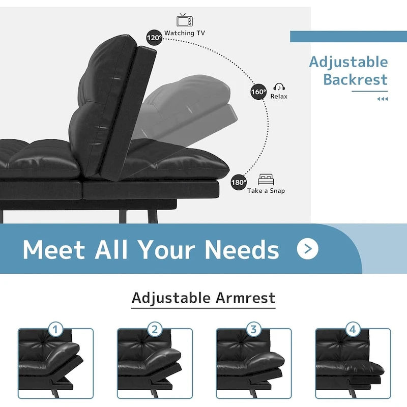 Canapé-lit futon, canapé pliable en mousse à mémoire de forme, convertible en lit de jour avec accoudoirs réglables pour petits espaces