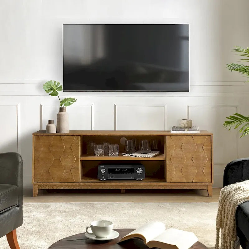 Meuble TV moderne August avec 2 tiroirs et portes coulissantes pour téléviseurs jusqu'à 78 pouces par HULALA HOME