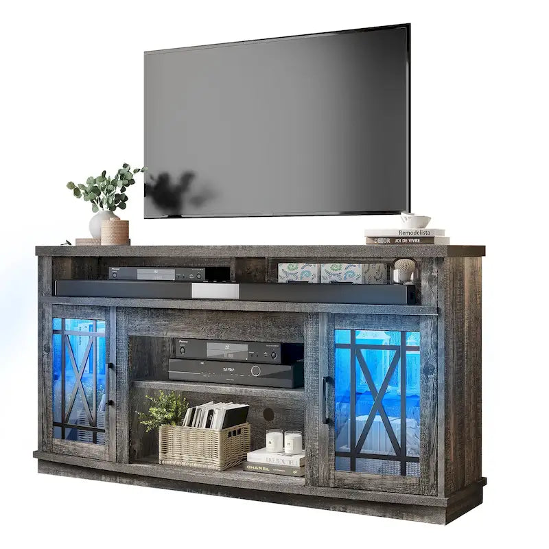 Meuble TV Moasis Highboy 59 pouces à 2 portes avec éclairage LED pour téléviseurs jusqu'à 70 pouces