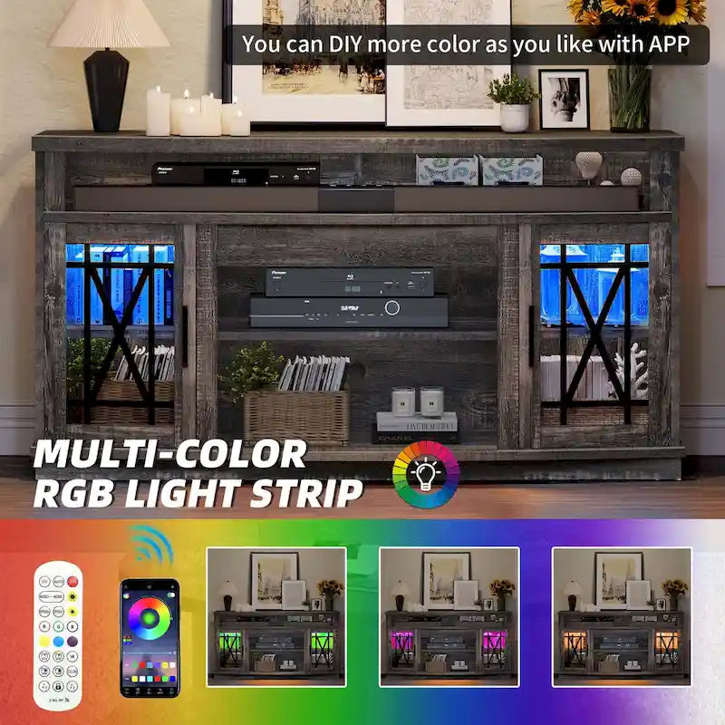 Meuble TV Moasis Highboy 59 pouces à 2 portes avec éclairage LED pour téléviseurs jusqu'à 70 pouces