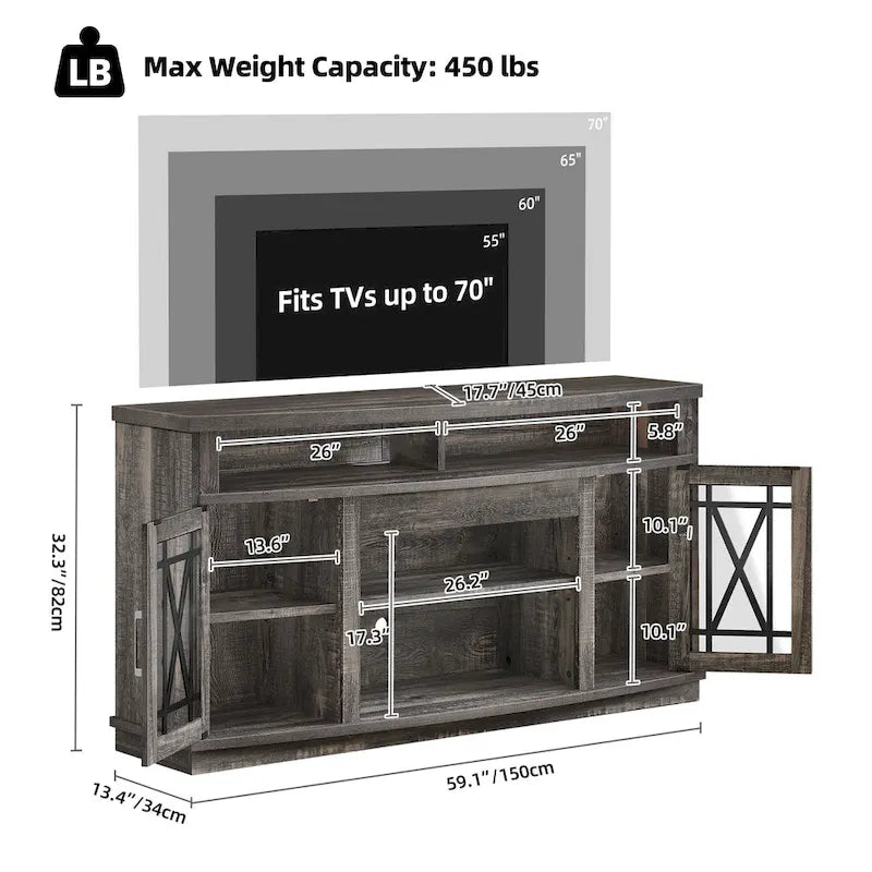 Meuble TV Moasis Highboy 59 pouces à 2 portes avec éclairage LED pour téléviseurs jusqu'à 70 pouces