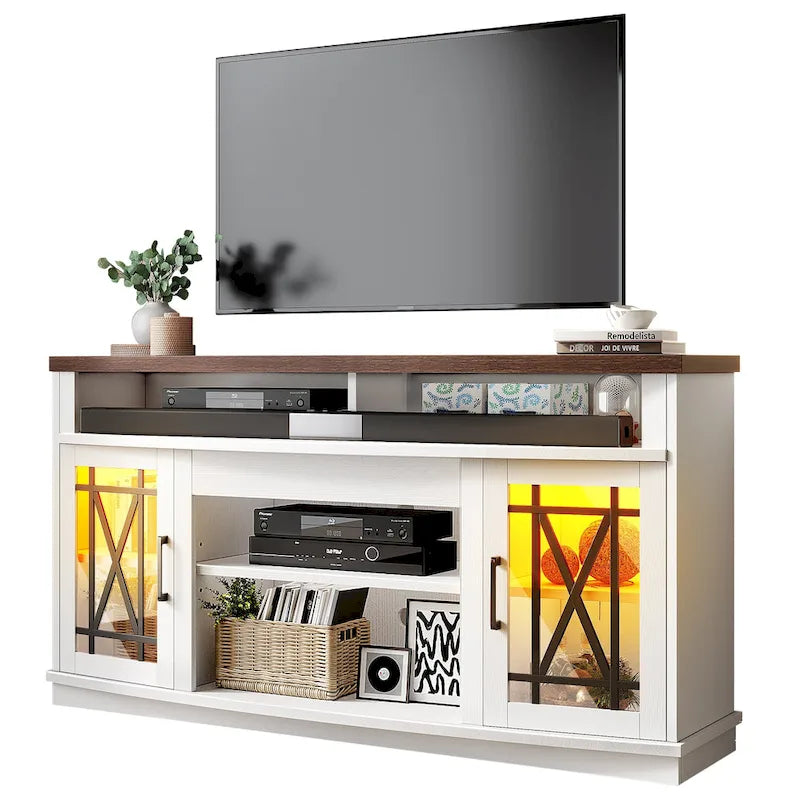 Meuble TV Moasis Highboy 59 pouces à 2 portes avec éclairage LED pour téléviseurs jusqu'à 70 pouces