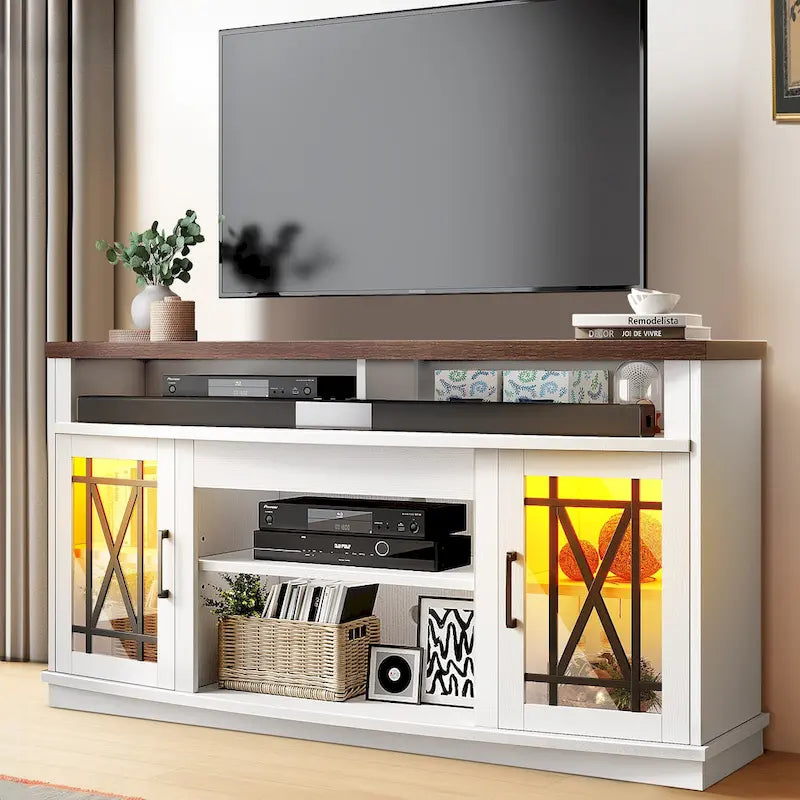 Meuble TV Moasis Highboy 59 pouces à 2 portes avec éclairage LED pour téléviseurs jusqu'à 70 pouces