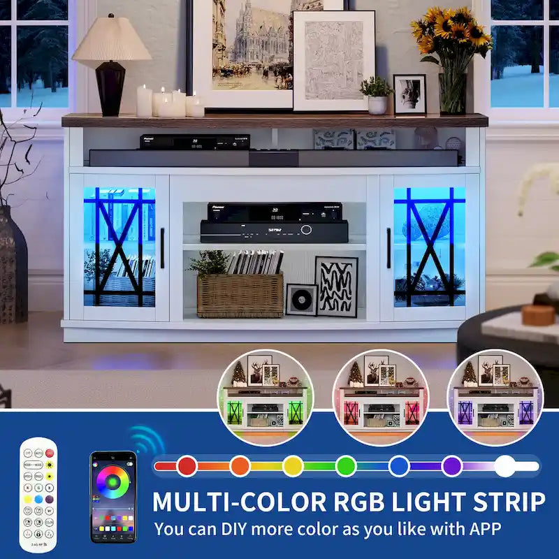 Meuble TV Moasis Highboy 59 pouces à 2 portes avec éclairage LED pour téléviseurs jusqu'à 70 pouces