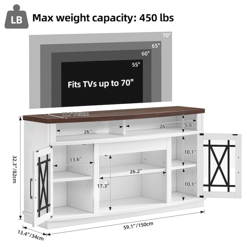 Meuble TV Moasis Highboy 59 pouces à 2 portes avec éclairage LED pour téléviseurs jusqu'à 70 pouces