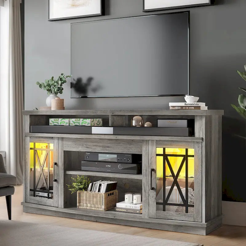 Meuble TV Moasis Highboy 59 pouces à 2 portes avec éclairage LED pour téléviseurs jusqu'à 70 pouces