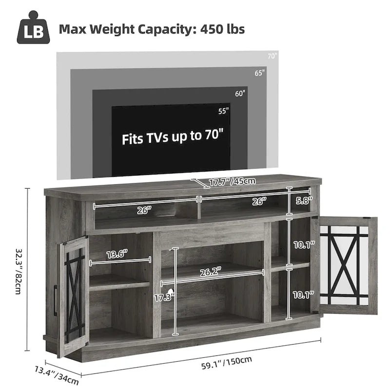 Meuble TV Moasis Highboy 59 pouces à 2 portes avec éclairage LED pour téléviseurs jusqu'à 70 pouces