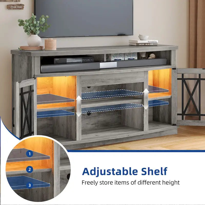 Meuble TV Moasis Highboy 59 pouces à 2 portes avec éclairage LED pour téléviseurs jusqu'à 70 pouces