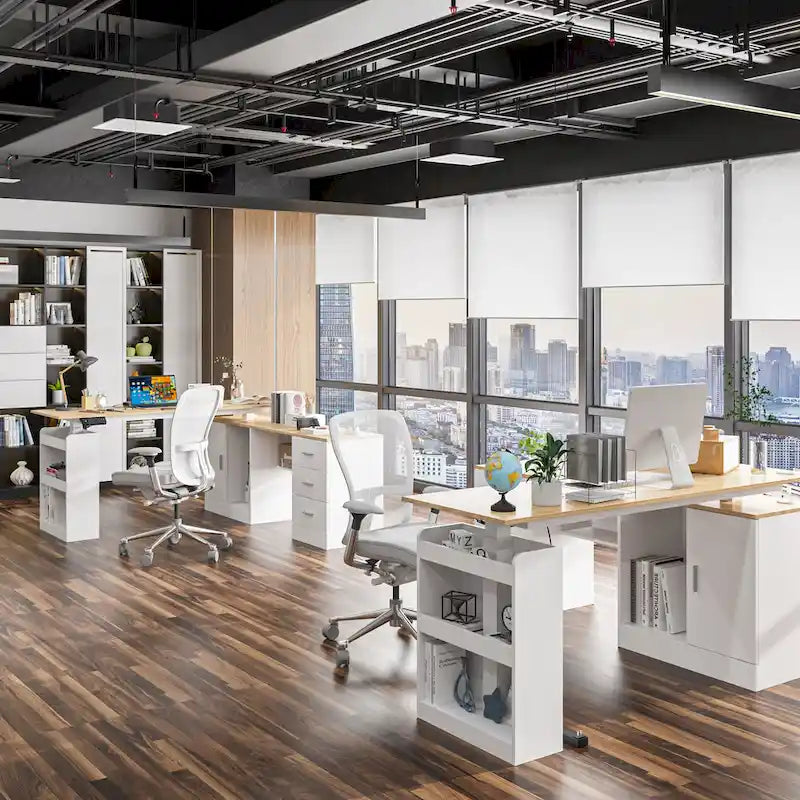 Bureau réglable en hauteur 63 pouces, design ergonomique, grand espace de rangement et possibilité de travailler debout