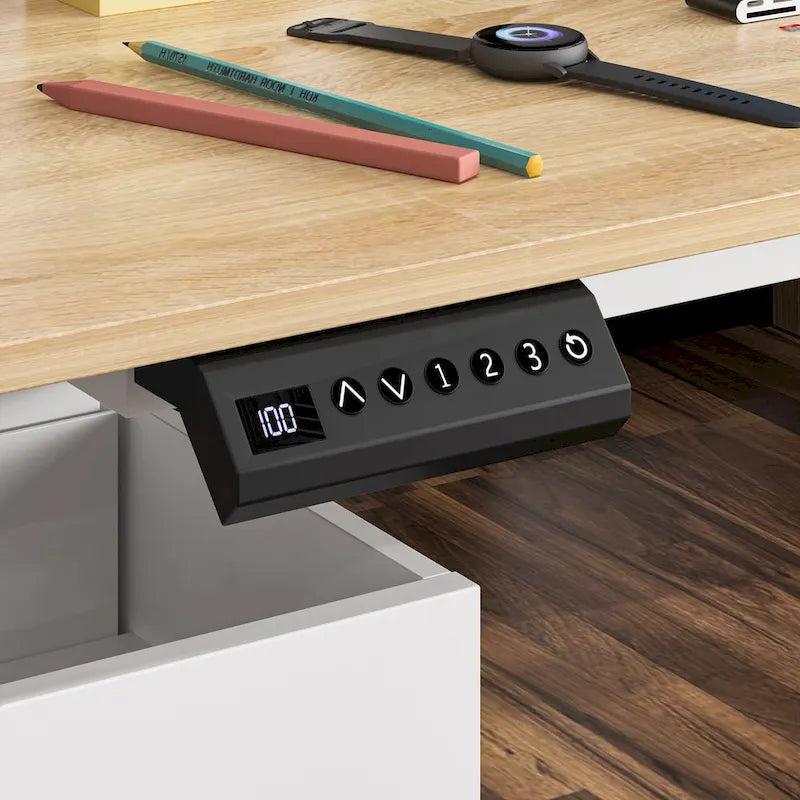 Bureau réglable en hauteur 63 pouces, design ergonomique, grand espace de rangement et possibilité de travailler debout