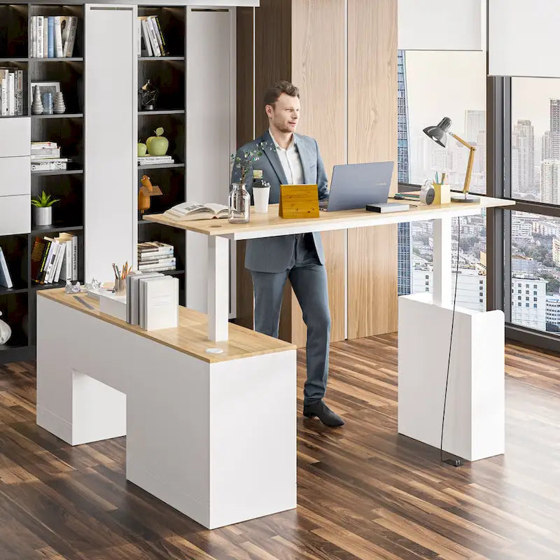 Bureau réglable en hauteur 63 pouces, design ergonomique, grand espace de rangement et possibilité de travailler debout