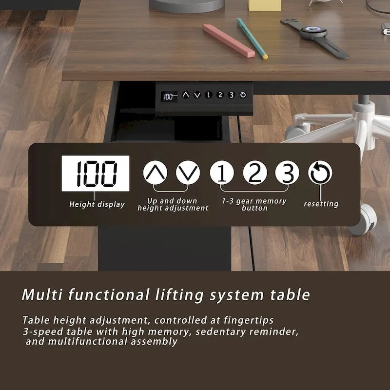 Bureau réglable en hauteur 63 pouces, design ergonomique, grand espace de rangement et possibilité de travailler debout