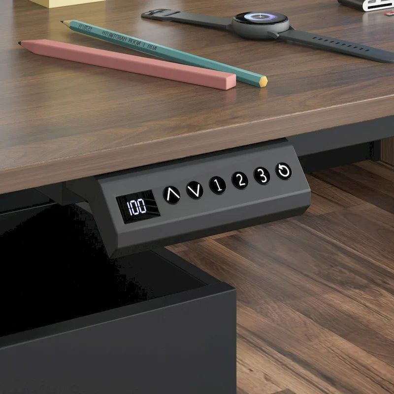 Bureau réglable en hauteur 63 pouces, design ergonomique, grand espace de rangement et possibilité de travailler debout