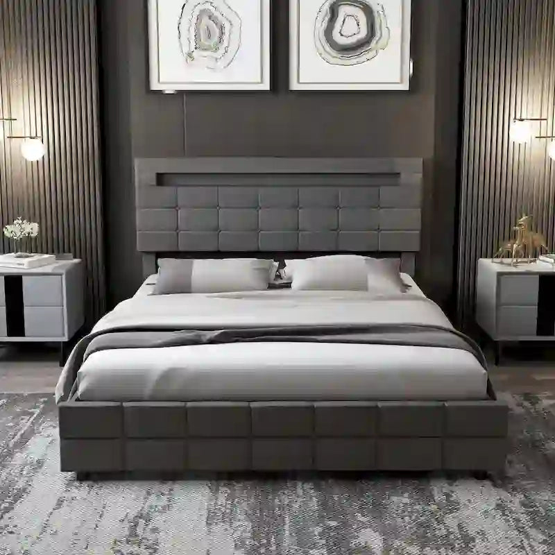 Cadre de lit Queen avec tiroirs de rangement, tête de lit réglable et éclairage LED