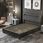 Cadre de lit Queen avec tiroirs de rangement, tête de lit réglable et éclairage LED