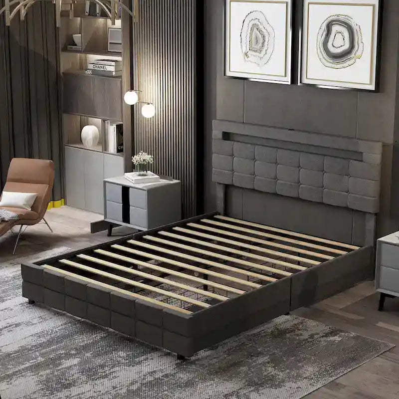 Cadre de lit Queen avec tiroirs de rangement, tête de lit réglable et éclairage LED