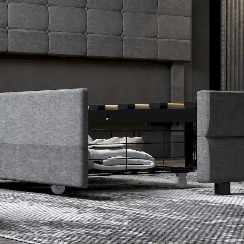 Cadre de lit Queen avec tiroirs de rangement, tête de lit réglable et éclairage LED