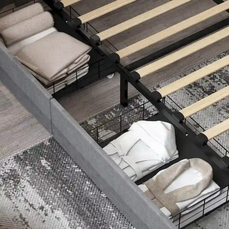 Cadre de lit Queen avec tiroirs de rangement, tête de lit réglable et éclairage LED