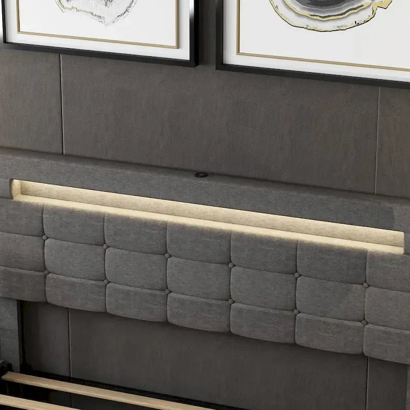 Cadre de lit Queen avec tiroirs de rangement, tête de lit réglable et éclairage LED