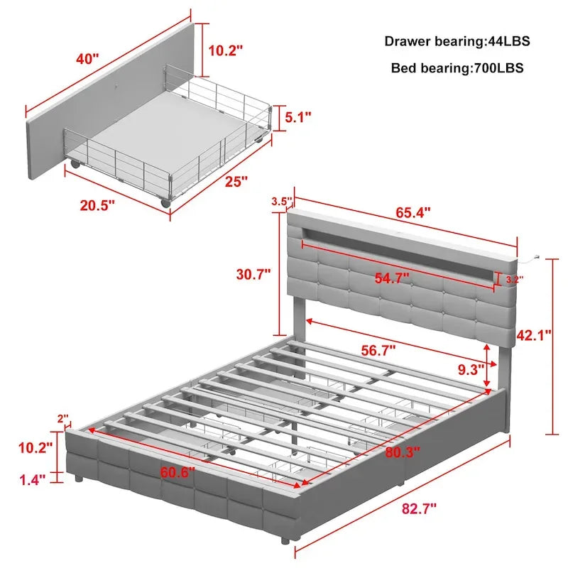 Cadre de lit Queen avec tiroirs de rangement, tête de lit réglable et éclairage LED