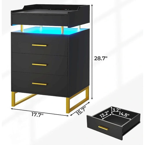 3 Drawers LED Nightstand Charging Station End Table