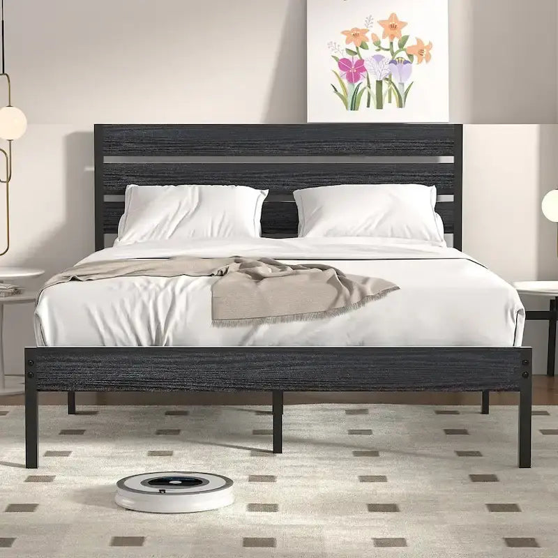 Javlergo Platform Bed Frame with Wood Headboard, Strong Metal Slats Support/No Box Spring Needed, Black