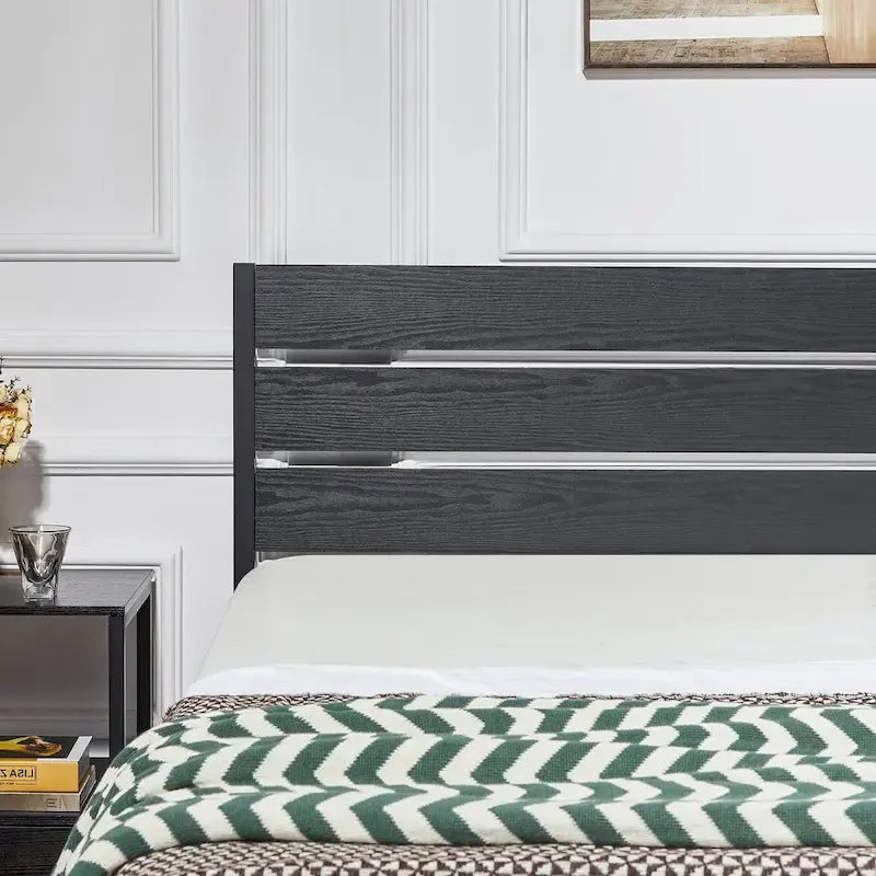 Cadre de lit plateforme Javlergo avec tête de lit en bois, sommier à lattes métalliques robustes, sans sommier tapissier, noir