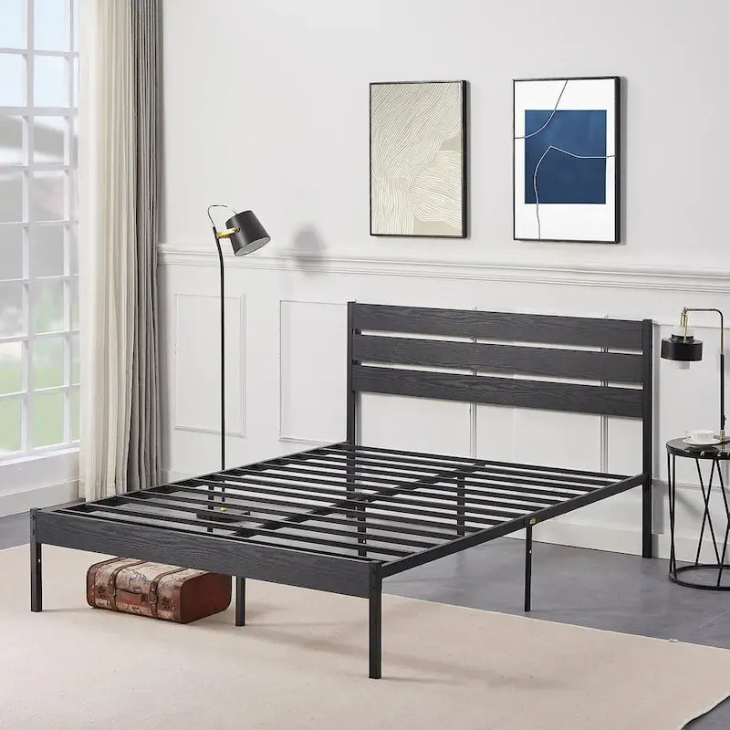 Cadre de lit plateforme Javlergo avec tête de lit en bois, sommier à lattes métalliques robustes, sans sommier tapissier, noir