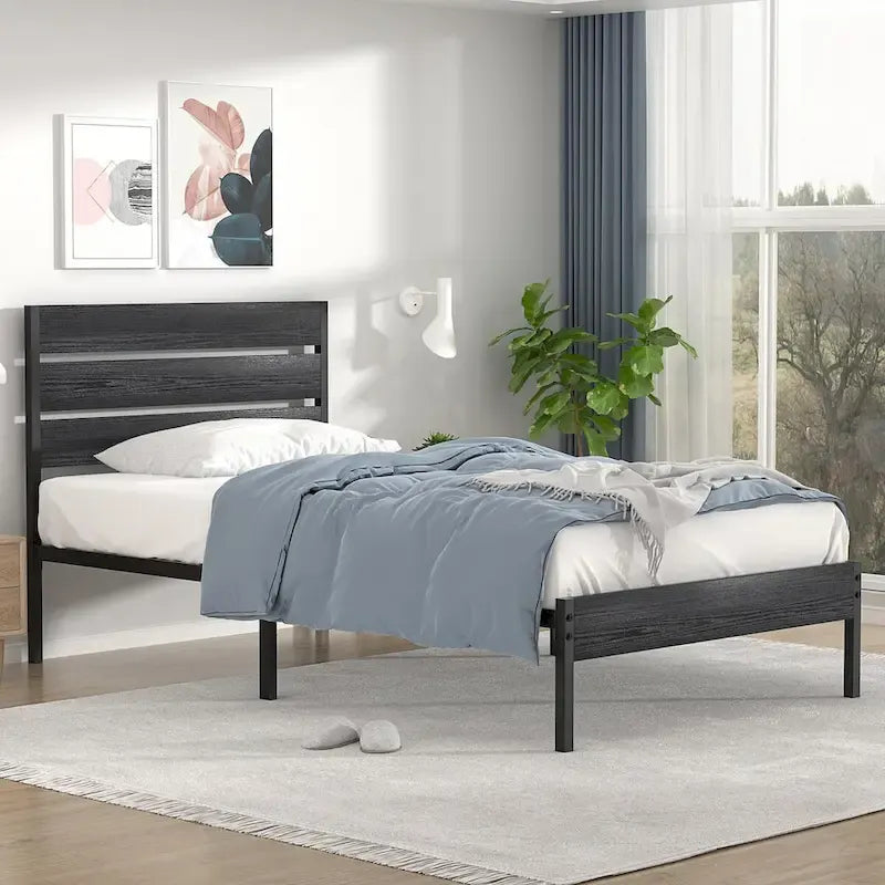 Cadre de lit plateforme Javlergo avec tête de lit en bois, sommier à lattes métalliques robustes, sans sommier tapissier, noir