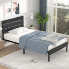 Cadre de lit plateforme Javlergo avec tête de lit en bois, sommier à lattes métalliques robustes, sans sommier tapissier, noir