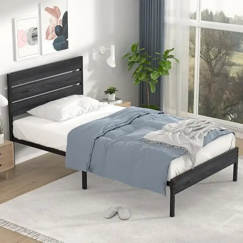 Cadre de lit plateforme Javlergo avec tête de lit en bois, sommier à lattes métalliques robustes, sans sommier tapissier, noir