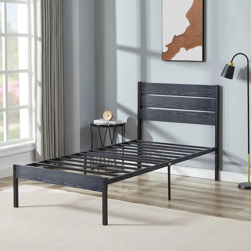 Cadre de lit plateforme Javlergo avec tête de lit en bois, sommier à lattes métalliques robustes, sans sommier tapissier, noir